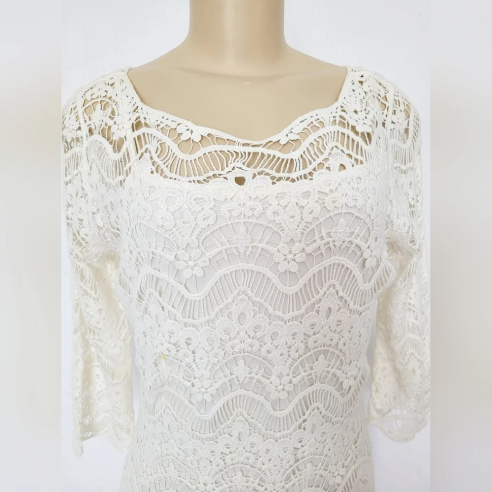 Ralph Lauren 100%Cotton White Crochet Sheath Dress 3/4 Sleeve Crew Neck Lined M - Picture 13 of 16